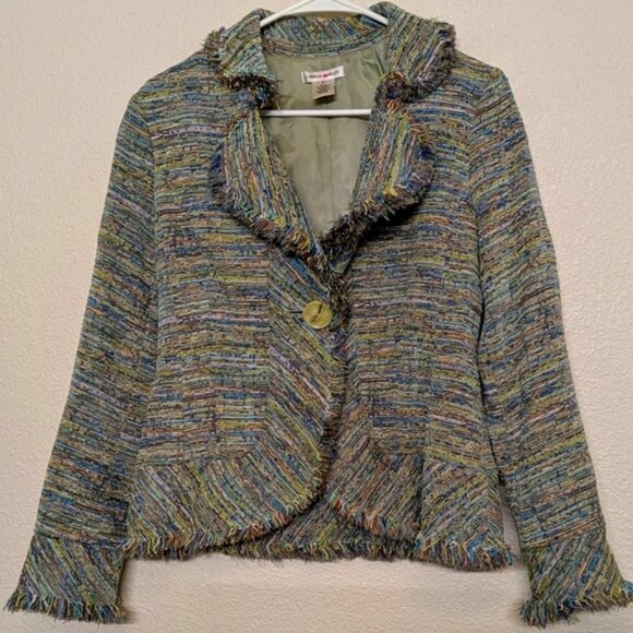 Laura Ashley Multicolored Striped Fringed Tweed Jacket With Single Button - Picture 1 of 12